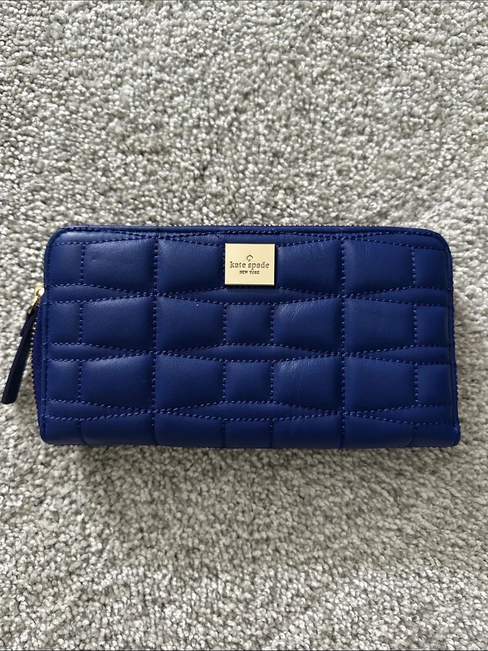 kate spade Quilted Leather Zip Wallet in Navy Blue with Gold Plaque